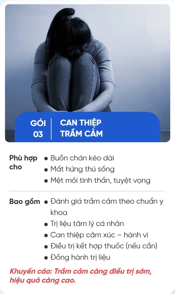 GÓI 03 CAN THIỆP TRẦM CẢM Phù hợp cho Buồn chán kéo dài Mất hứng thú sống Mệt mỏi tinh thần, tuyệt vọng Bao gồm Đánh giá trầm cảm theo chuẩn y khoa Trị liệu tâm lý cá nhân Can thiệp cảm xúc – hành vi Điều trị kết hợp thuốc (nếu cần) Đồng hành trị liệu Khuyến cáo: Trầm cảm càng điều trị sớm, hiệu quả càng cao.